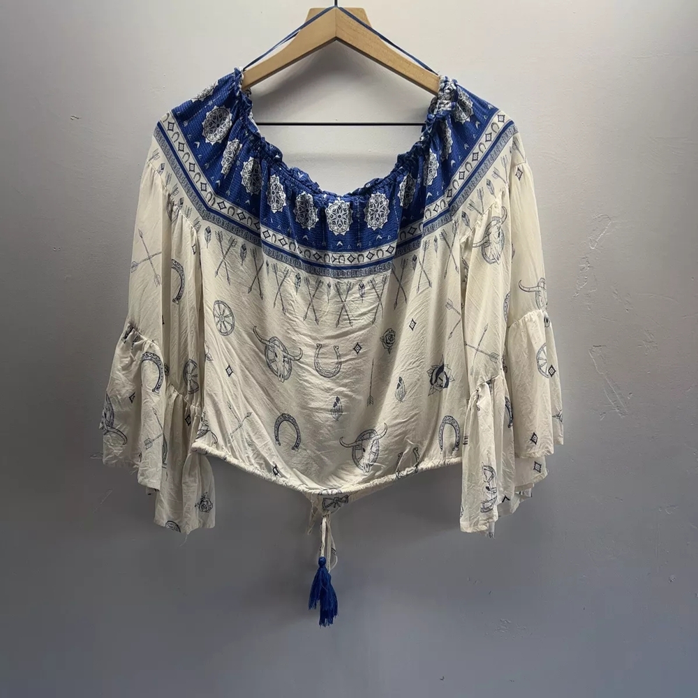 Surf Gypsy Blue and White Bell Sleeve Crop Top - Picture 2 of 3